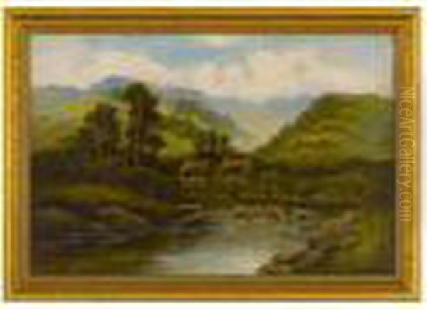 Highland Cattle In A River Oil Painting by William Langley