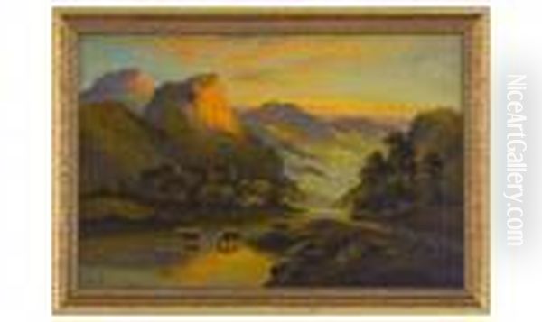 Highland Cattle/river At Sunset. Oil Painting by William Langley