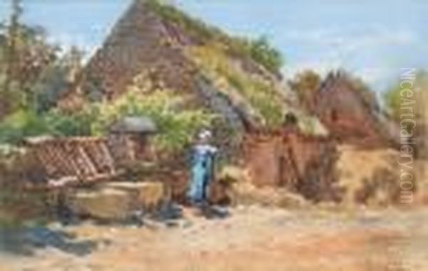 Farmyard In Brittany; View In Brittany Oil Painting by William Langley