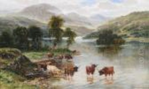 Cattle In The Shallows At Loch Katrine Oil Painting by William Langley