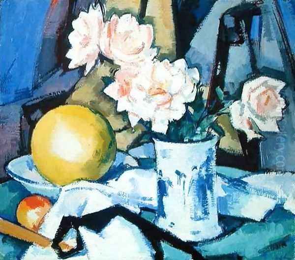 Blue and White Vase, Roses, Melon and Orange Oil Painting by Samuel John Peploe