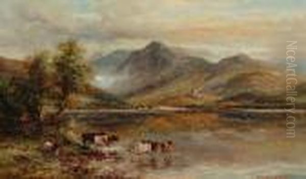 Highland Cattle Watering Oil Painting by William Langley