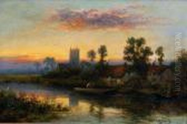 River View With Punt In The Foreground At Sunrise Oil Painting by William Langley