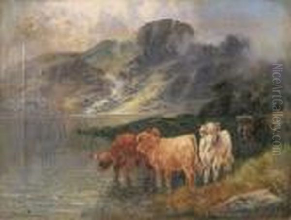 Highland Cattle By A Loch - Signed Oil Painting by William Langley