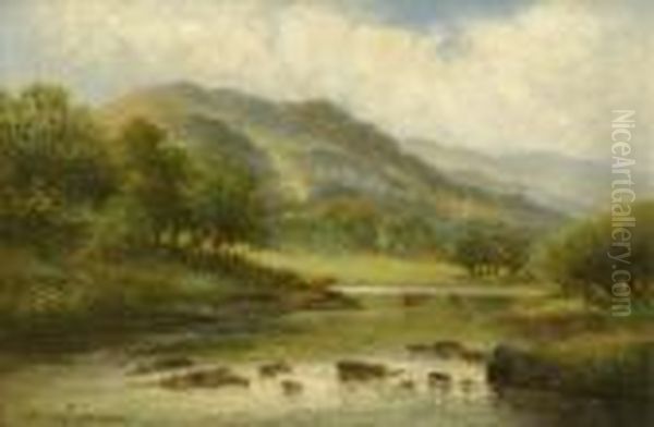 A Highland Summer,a Sunlit Mountainous River Landscape With Cattle Oil Painting by William Langley