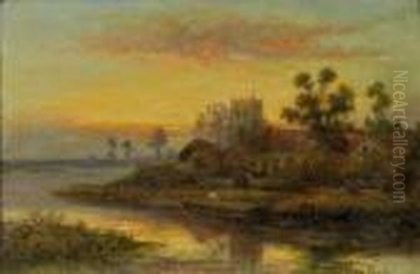 A Figure In A Punt Near A Church Oil Painting by William Langley