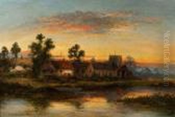 Avillage Scene At Sunset With Lake In The Foreground And Parishchurch Oil Painting by William Langley