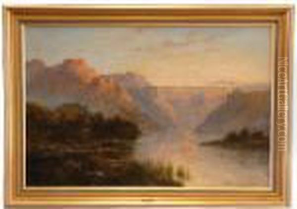 A Mountain Lake At Sunset, Signed Oil Painting by William Langley