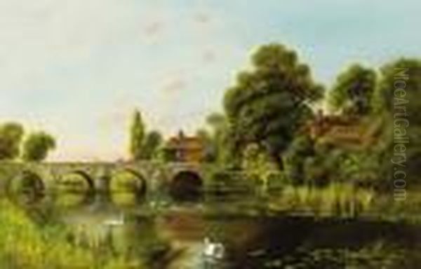 Swans By The Bridge Oil Painting by William Langley