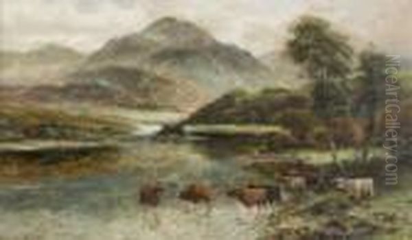 River And Cattle Scene Oil Painting by William Langley