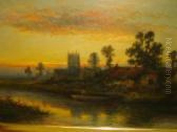 River Scene At Sunset Oil Painting by William Langley