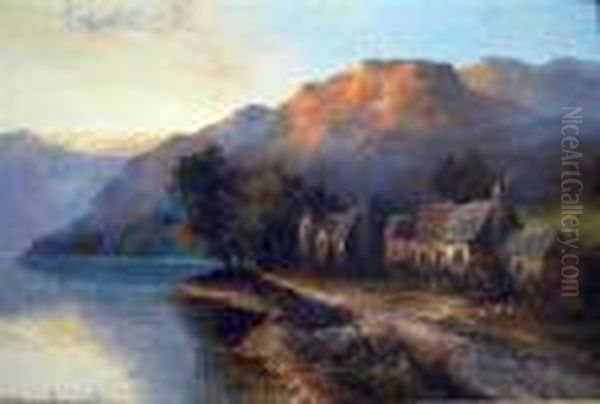 A Loch Scene With Cottages In The Foreground Oil Painting by William Langley