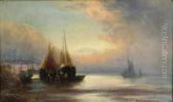 Sunset, Fishing Luggers Ashore Oil Painting by William Langley