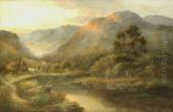 Evening Sunlight,angler In A Mountain Landscape Oil Painting by William Langley