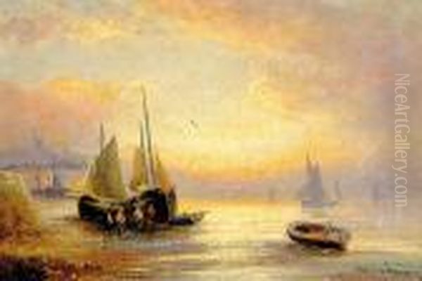 Sunset Fishermen Lagging Ashore Oil Painting by William Langley