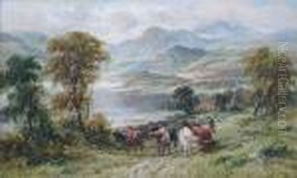 Cattle In A Highland Lake Landscape Oil Painting by William Langley