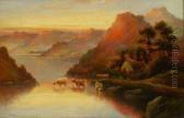 Cattle Watering Oil Painting by William Langley