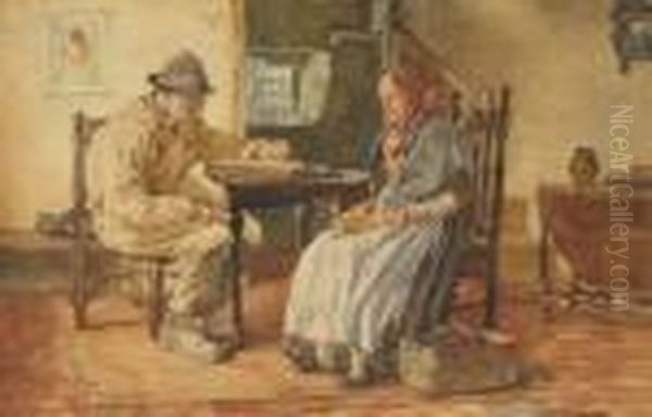 Watercolour Words Of Comfort - 
Woman Shelling Peas And Her Husband Reading From A Bible Signed 12.25