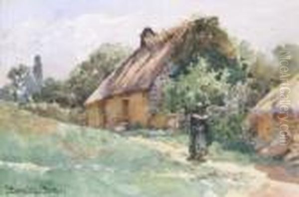 Figure Before Cottages Brittany Inscribed Oil Painting by William Langley