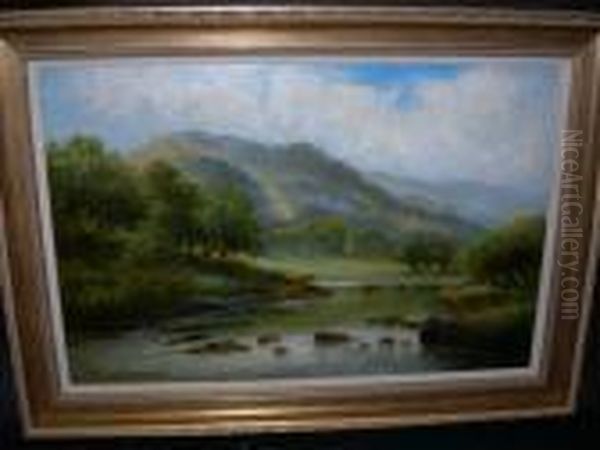 Cattle Watering Ina Highland River Landscape Oil Painting by William Langley