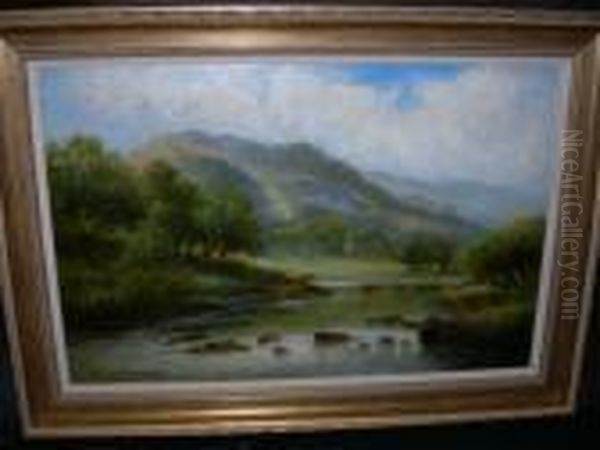 Cattle Watering In A Highland 
Riverlandscape Oil On Canvas Signed Lower Left 39.5cm X 60cm Oil Painting by William Langley