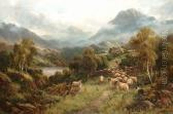 Drover And Sheep In A Highland Landscape Oil Painting by William Langley