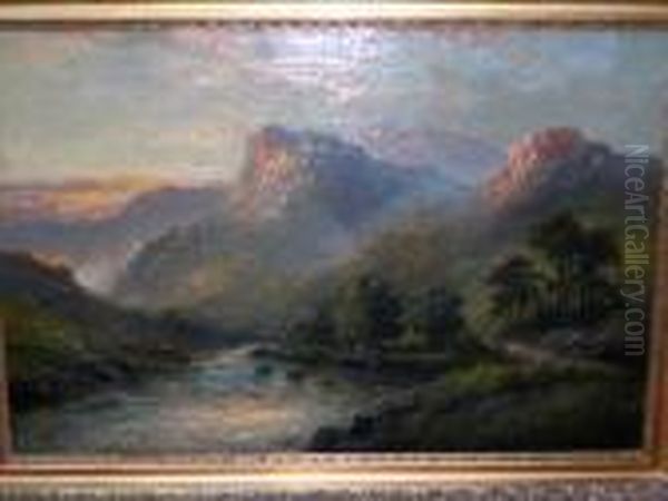 Cattle Crossing Amountain River Oil Painting by William Langley