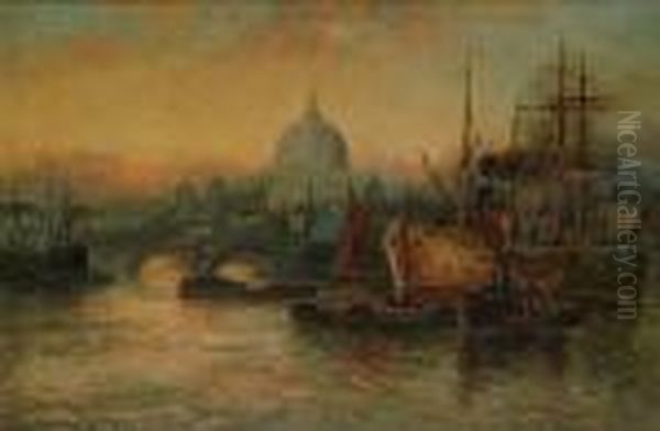 A Busy Thames Scene With St Paul's Beyond; And Shipping On The Thames Oil Painting by William Langley