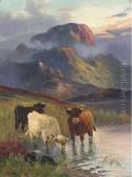 Cattle Watering, Sunset Oil Painting by William Langley