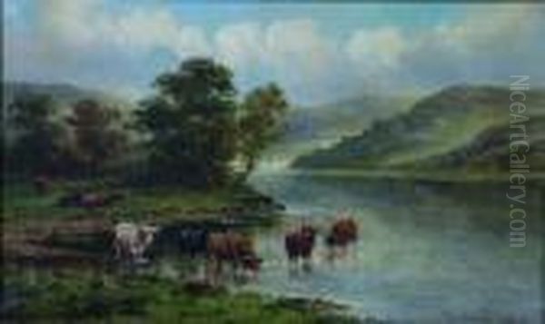 Three Landscapes Depicting Highland Cattle Oil Painting by William Langley