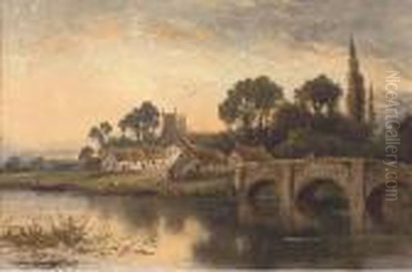 Figures On A Bridge Oil Painting by William Langley