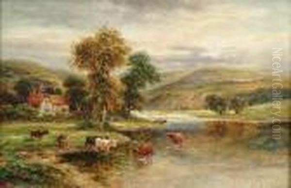 Landscape Withcattle Watering Oil Painting by William Langley