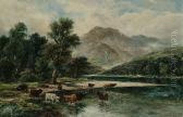 Highland Cattle Watering In An Extensive Landscape Oil Painting by William Langley