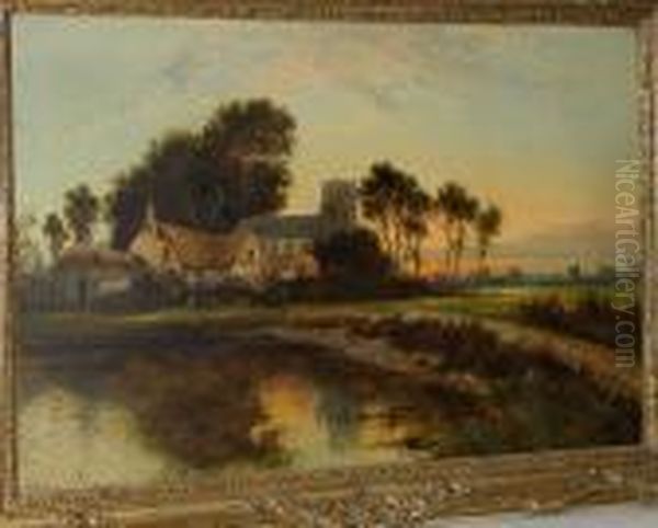 Church By A River At Sunset Oil Painting by William Langley