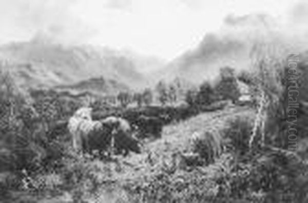 ````in The Vale Of Aberfoyle' 
Highland Landscape With Cattle And Croft In The Foreground, Signed Oil 
On Canvas Oil Painting by William Langley