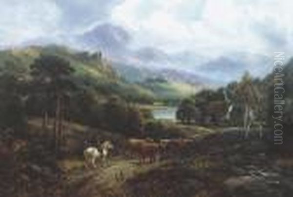 ````at Tarbert Loch Lomond' 
Highland Landscape With Mounted Drover Cattle And Farmstead, Signed Oil 
On Canvas Oil Painting by William Langley