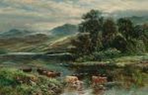 Loch Landscape With Highland Cattle Watering In The Foreground Oil Painting by William Langley