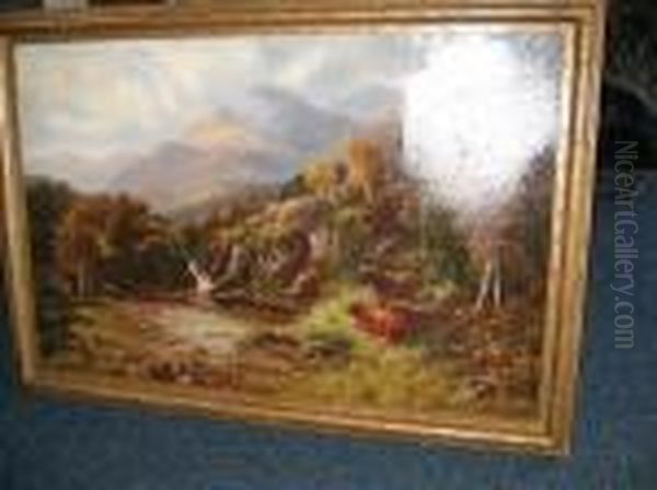 Highland Cattle Watering Oil Painting by William Langley