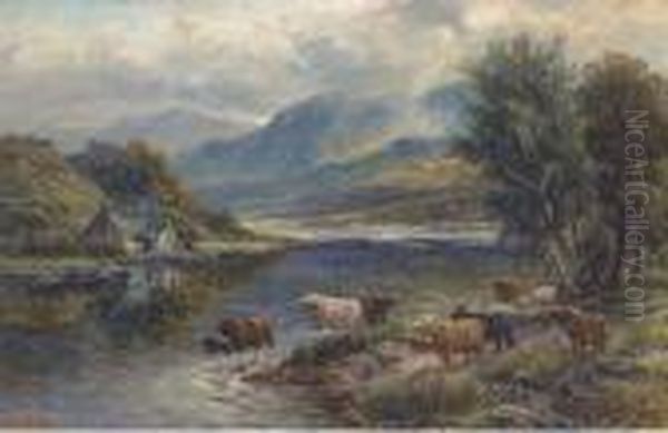 Highland Cattle Watering At A Loch Oil Painting by William Langley