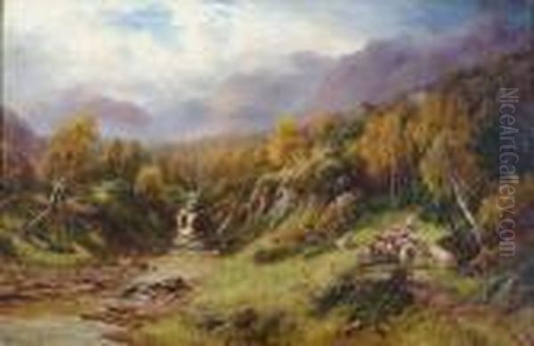 Sheep By A Moorland Stream Oil Painting by William Langley