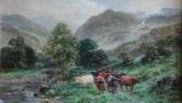 Highland Cattle Watering In A Mountain Stream Oil Painting by William Langley