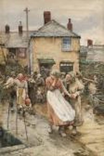 Among The Missing - A Scene In A Cornish Fishing Village Oil Painting by William Langley