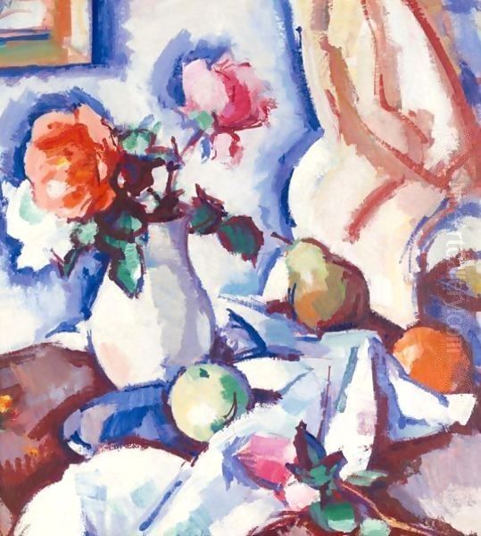 Roses in a White Vase Oil Painting by Samuel John Peploe