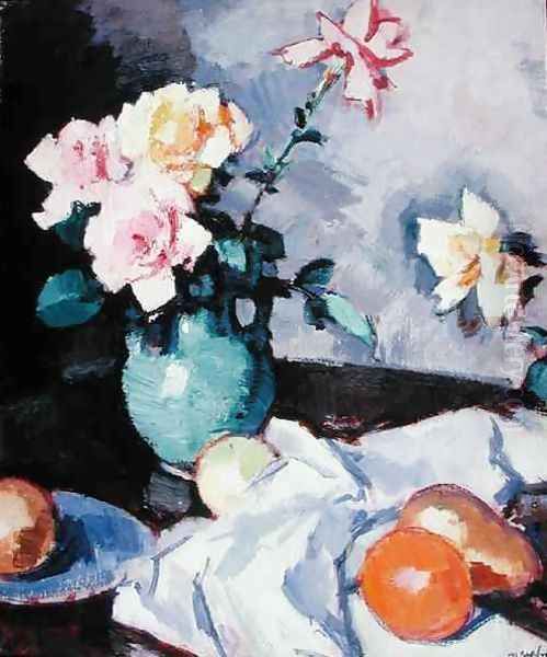 Pink Roses in a Green Jug, c.1926 Oil Painting by Samuel John Peploe