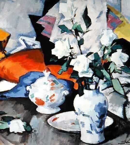 White Roses in a Vase Oil Painting by Samuel John Peploe