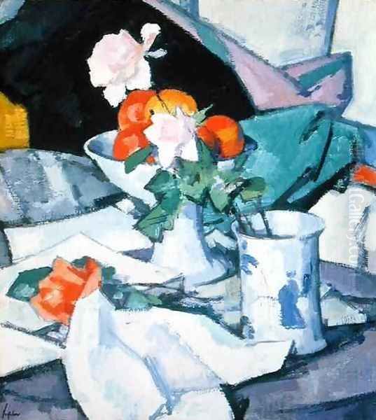 Still Life, Roses and Chinese Jar Oil Painting by Samuel John Peploe