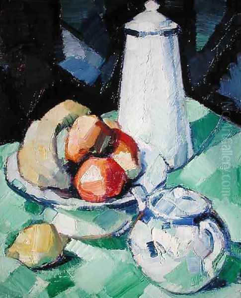 Still Life with Teapot and Fruit on a green Tablecloth, c.1913 Oil Painting by Samuel John Peploe