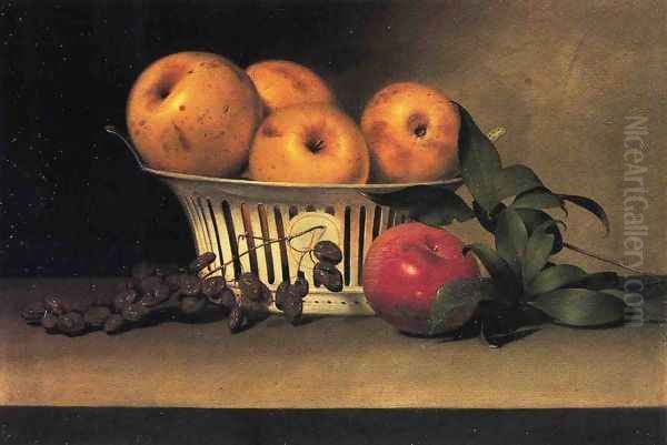 Still Life with Raisins, Yellow and Red Apples in Porcelain Basket Oil Painting by Raphaelle Peale