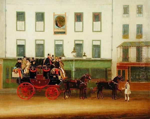 The London-Manchester Stage Coach (The Peveril of the Peak) outside the Peacock Inn, Islington Oil Painting by James Pollard