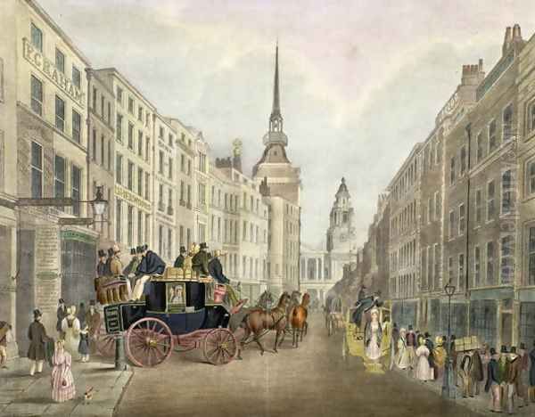 The Cambridge Coach Leaving Belle Sauvage Yard, Ludgate Hill Oil Painting by James Pollard